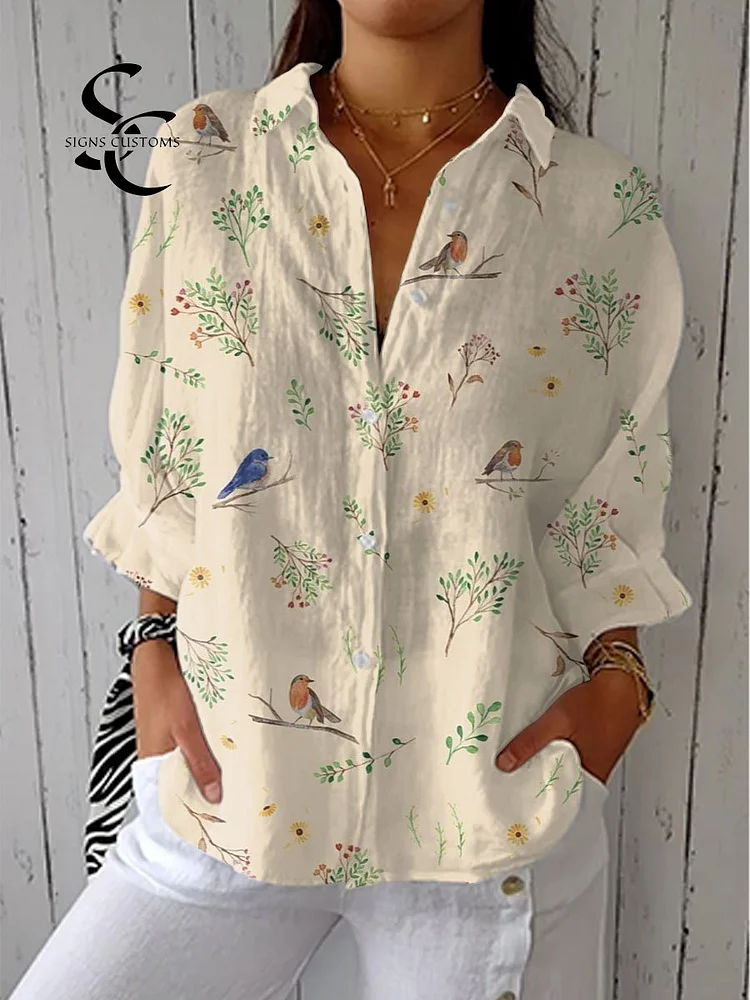 Women's  Vintage Floral Art Print Casual Linen V-neck Shirt