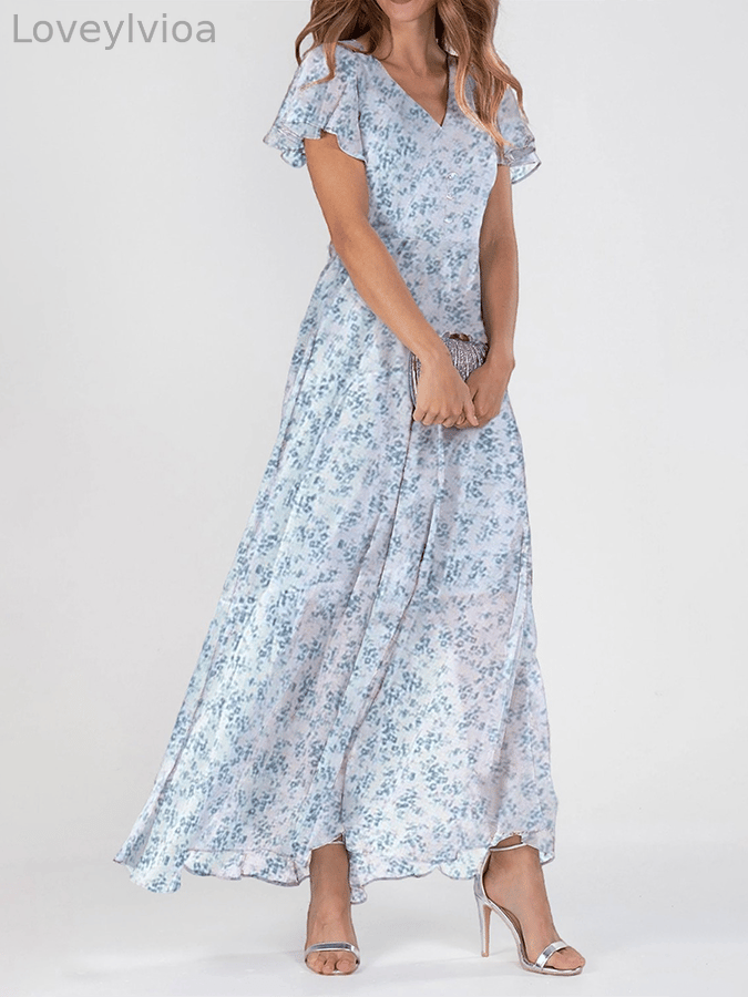 Women's V Neck Short Sleeve Chiffon Floral Dress