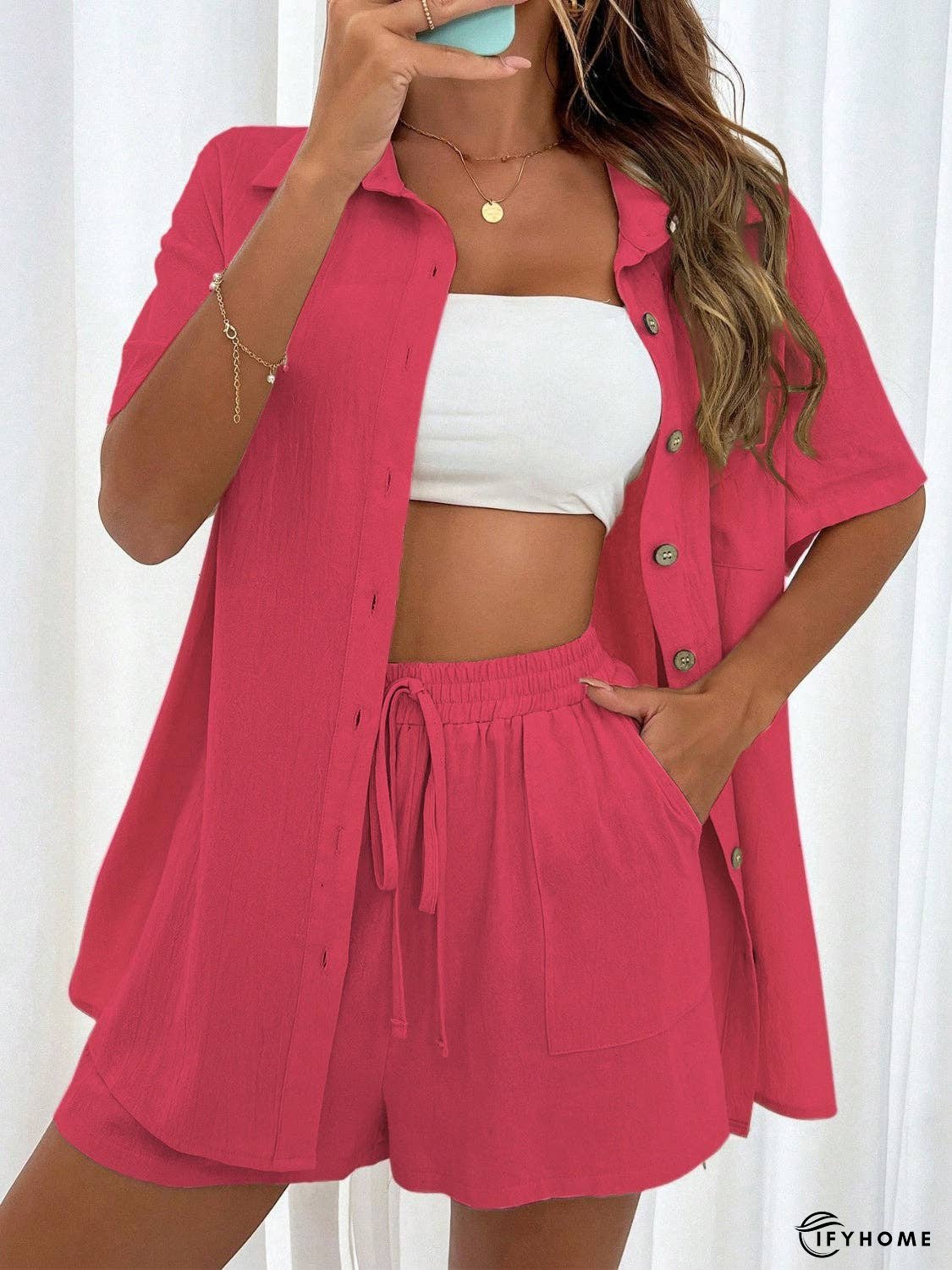 Button Up Half Sleeve Top and Shorts Set | IFYHOME