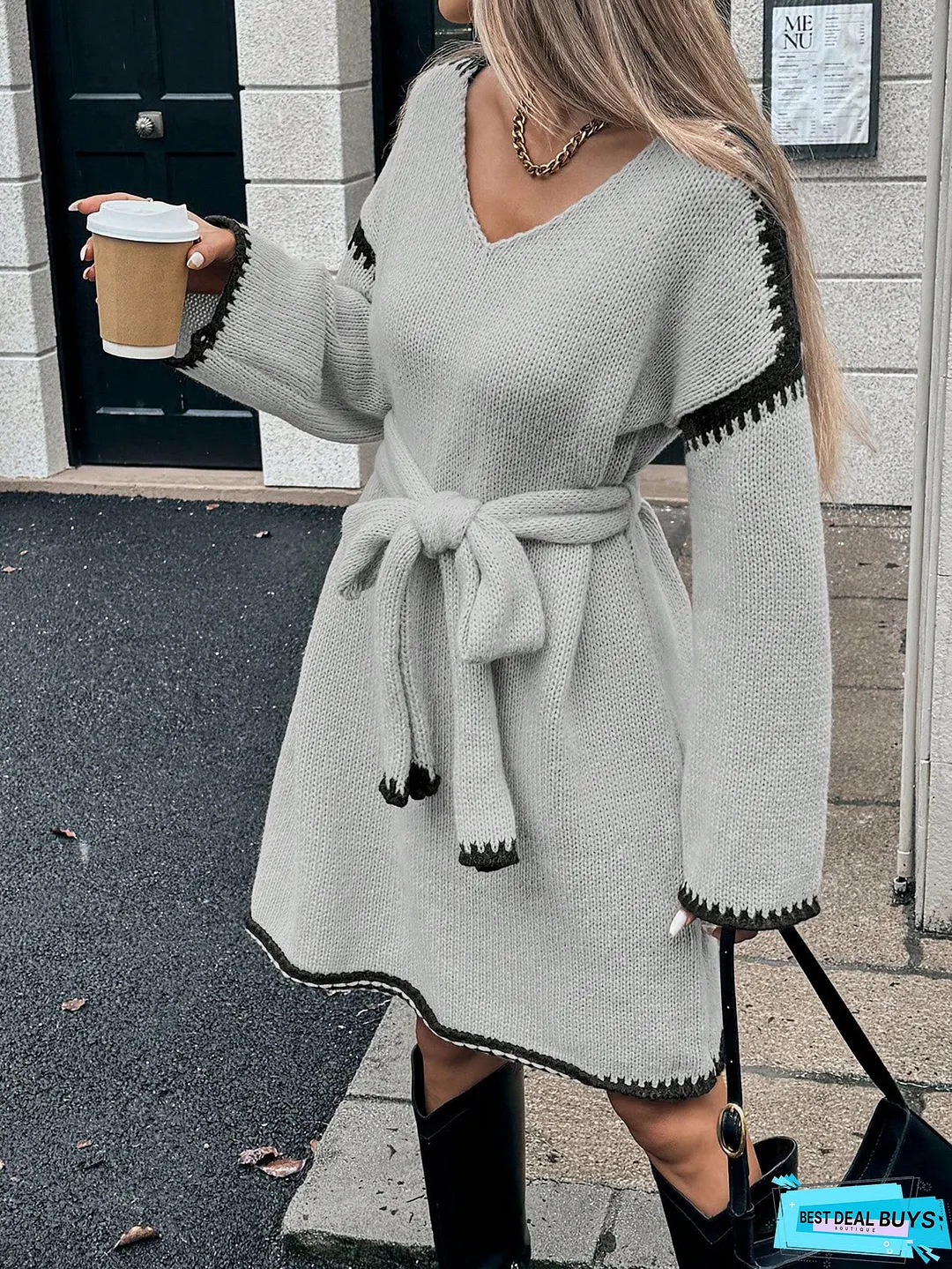 Womens Elegant V-Neck Sweater Dress Long Sleeve Loose Fit with Belt Chic Office Party