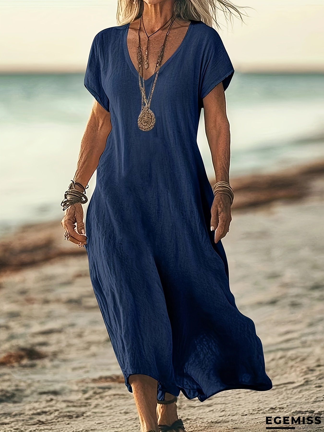 [Linen Maxi Dress] Linen Ladies' V-Neck Short-Sleeve Solid Maxi Dress | Casual Loose Swing Style, Perfect For Summer Beach Outings | EGEMISS