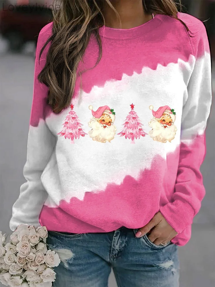 Women's Pink   Christmas Tree& Santa Fun Print Long Sleeve Top
