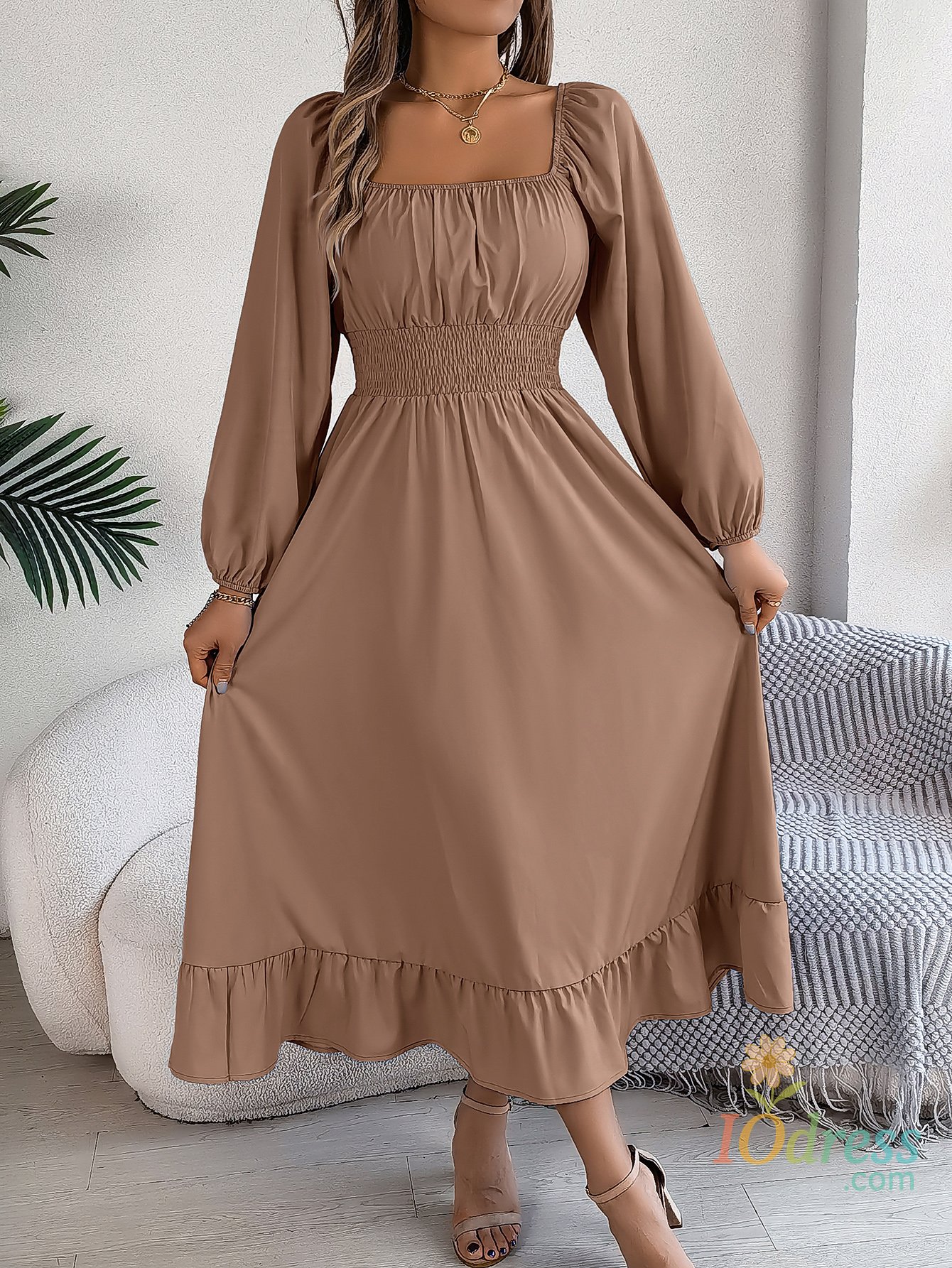 IO Dress Spring and Summer Elegant High Waisted Square Neck Long Sleeved Ruffled Edge Long Dresses for Bridesmaids Women Dress IO Dress