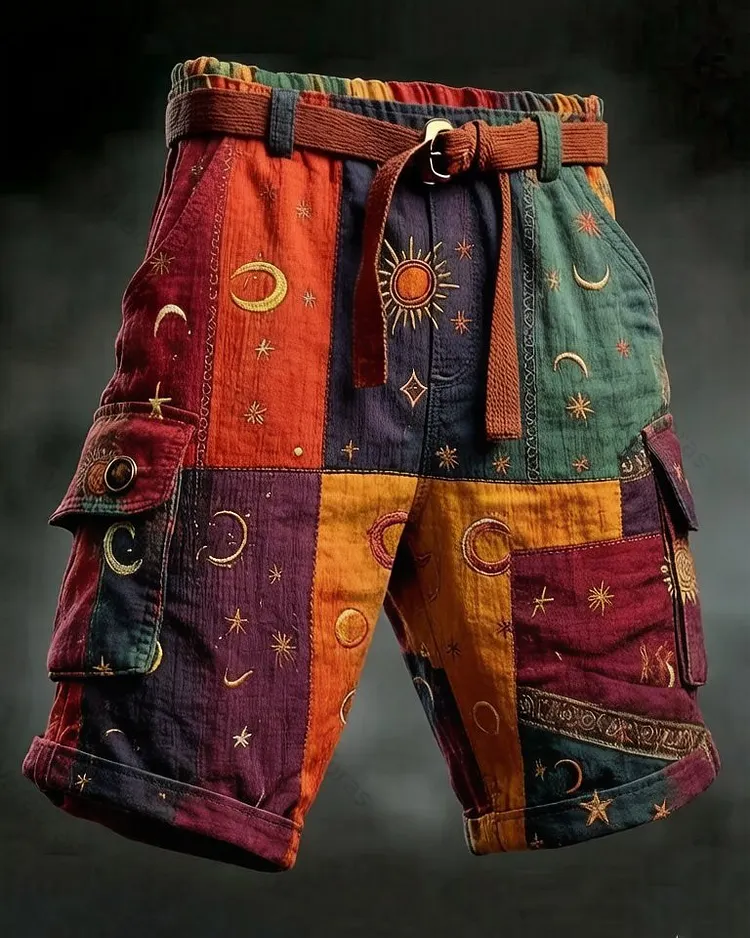 Men's Summer Casual Shorts with Star and Moon Print and Embroidery 8388