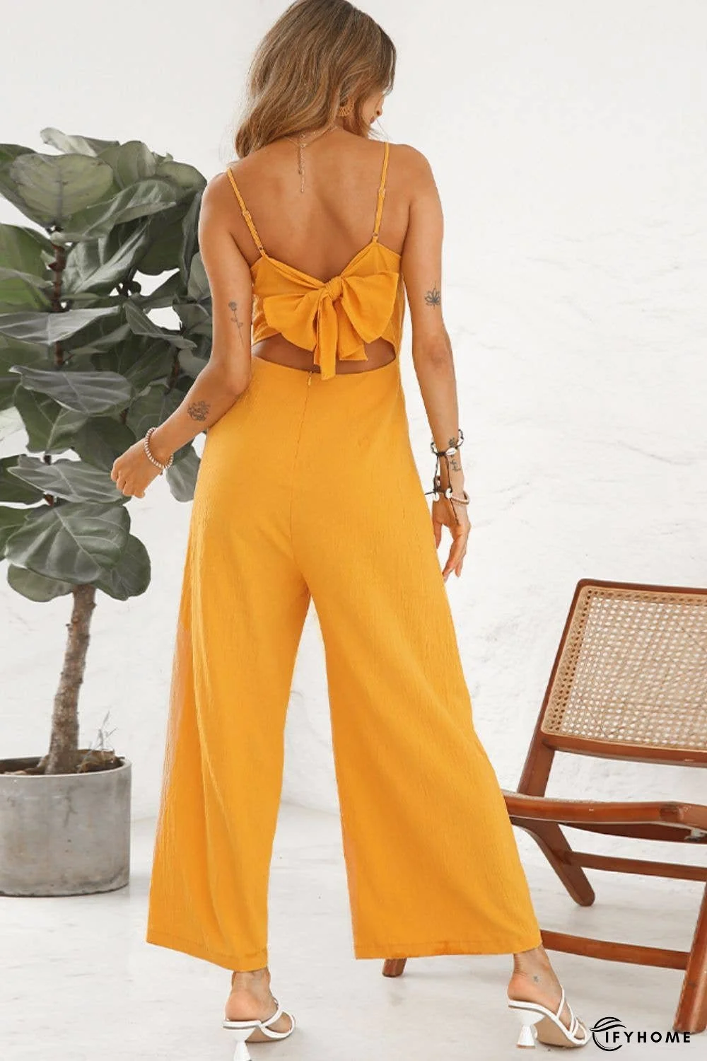 Cutout Spaghetti Strap Tie Back Wide Leg Jumpsuit | IFYHOME