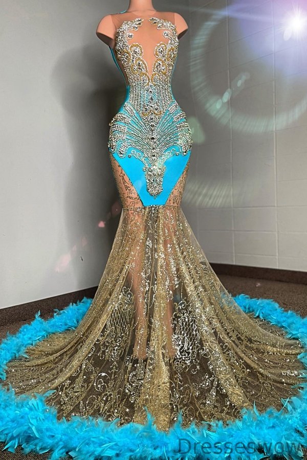 Dresseswow Ocean Blue Mermaid Prom Dress With Crystals Feather