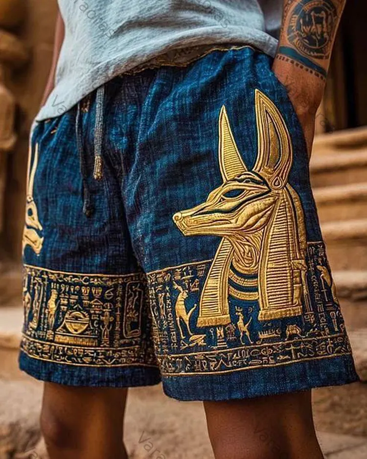 Men's Music Festival-Themed Color-Blocked Egyptian Embroidered Shorts 2560