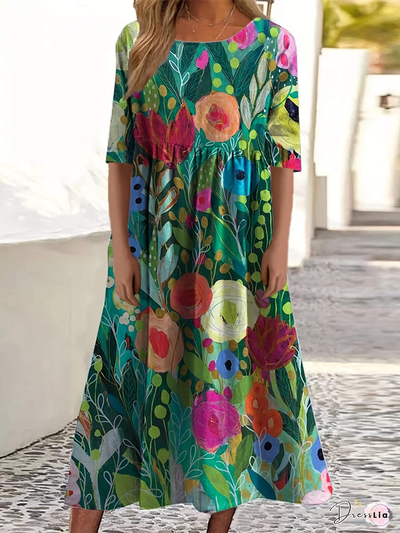 Women's Floral Print Short Sleeve Maxi Dress - A-Line Vibrant Colorful Flowers On Teal, Round Neck Long Dress For Vacation & Casual Outings, Machine Washable All-Season Wear, Floral Print Dress, Summer Fashion, Nontransparent Fabric