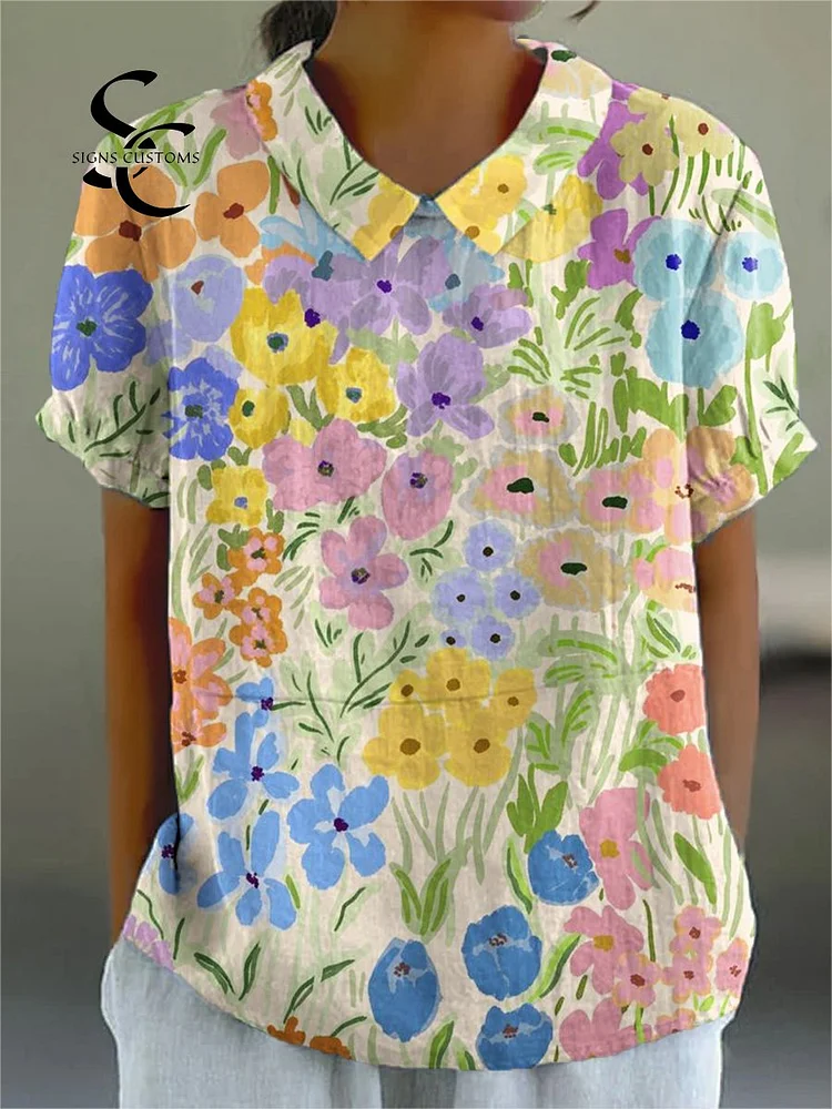 Women's Beautiful Flower Painting Art Print Casual Cotton And Linen Shirt