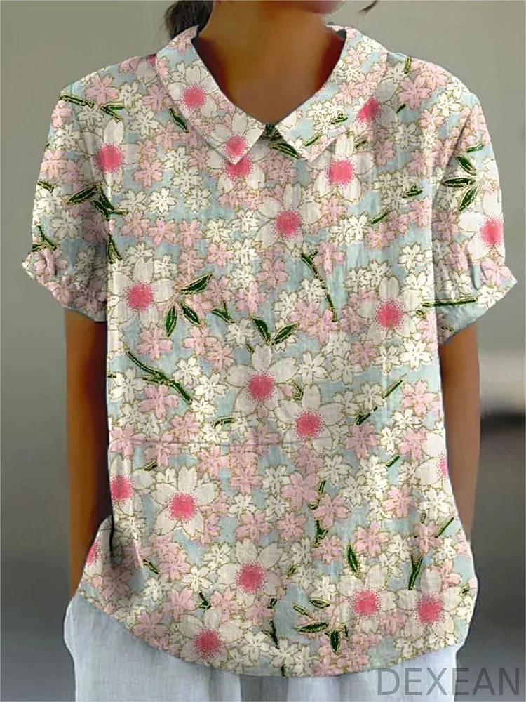 Women's Vintage Flower Print Casual Cotton And Linen Shirt