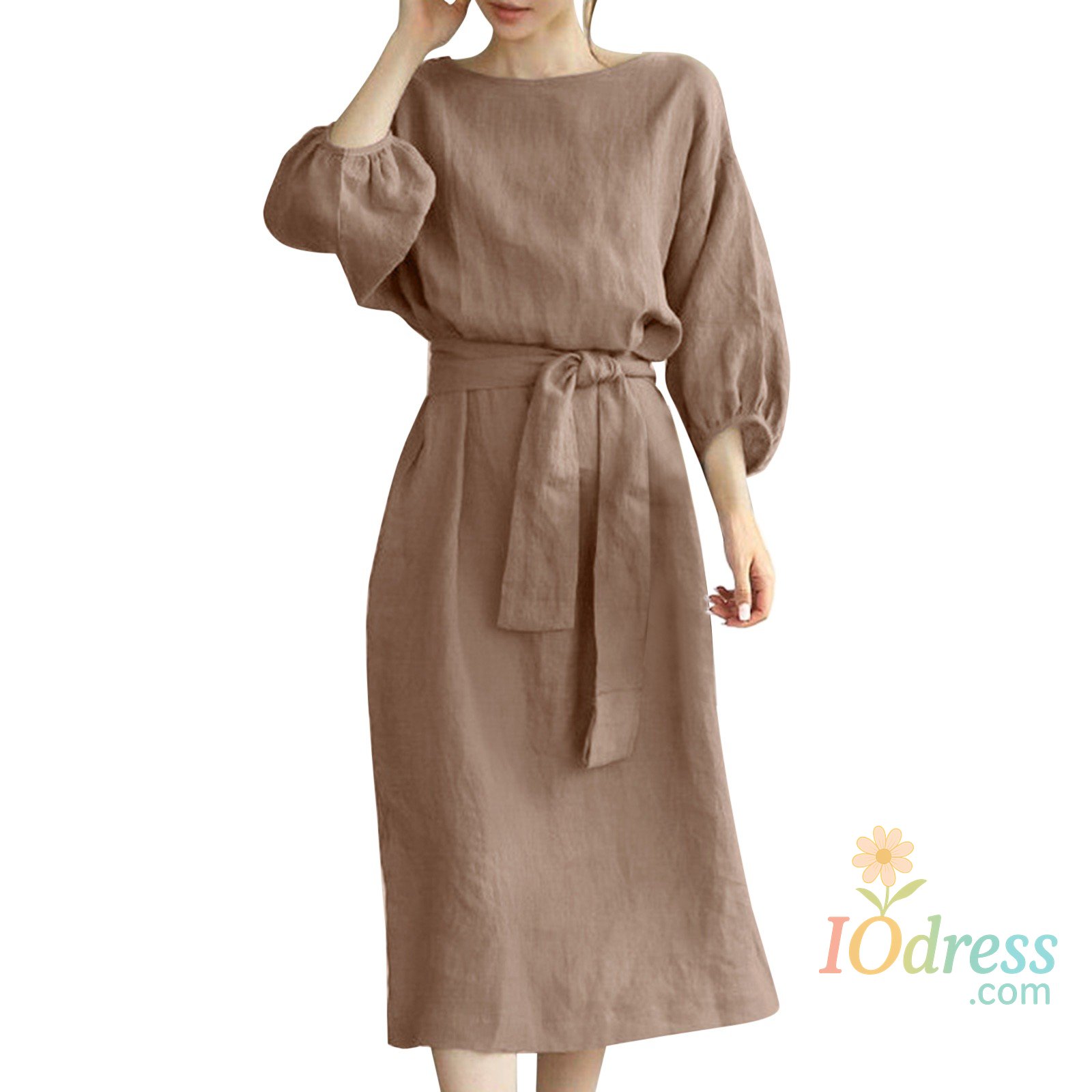 IO Dress Fall Casual Dresses Women's High Waist Tied Up Lantern Sleeve Midi Dress Plus Size Solid Color Cotton Linen Dresses For Women