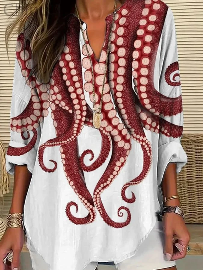 Women's Deep Sea Octopus Art Print Linen Top