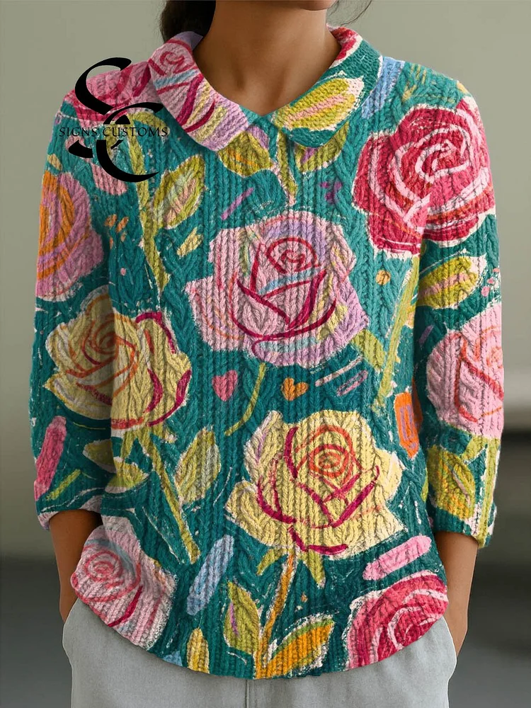 Women's Vintage Floral Art Print Casual Peter Pan Collar 3/4 Sleeve Sweater