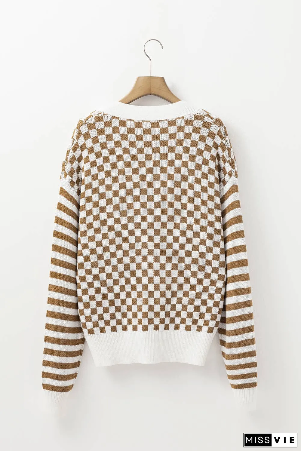 Checkered Striped Patched Buttoned V Neck Cardigan