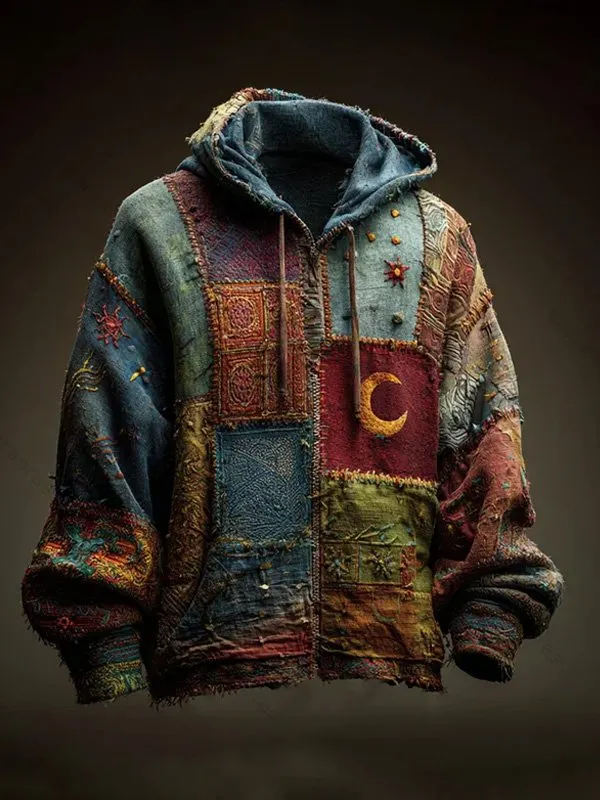 Men's Colorblock Hippie Art Mysterious Sun Moon Print Hooded Zip Up Jacket ed03