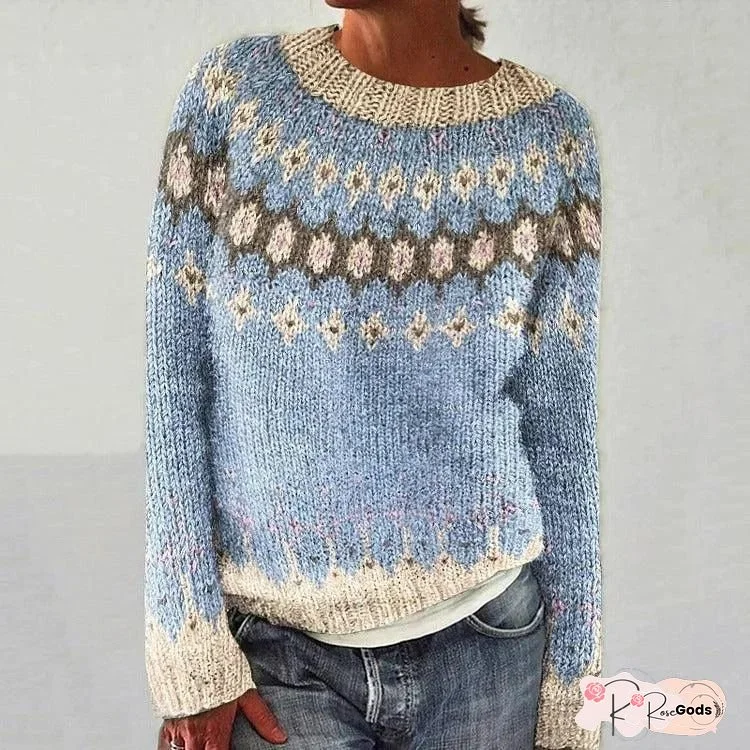 Women's Vintage-Inspired Fair Isle Sweater - Cozy Loose Fit, Long Sleeve, Round Neck, Brown & White Cable Pattern, Perfect for Fall/Winter, Casual Chic Style, Casual Chic Wear|Vintageinspired Design| Construction, Sweater Dress