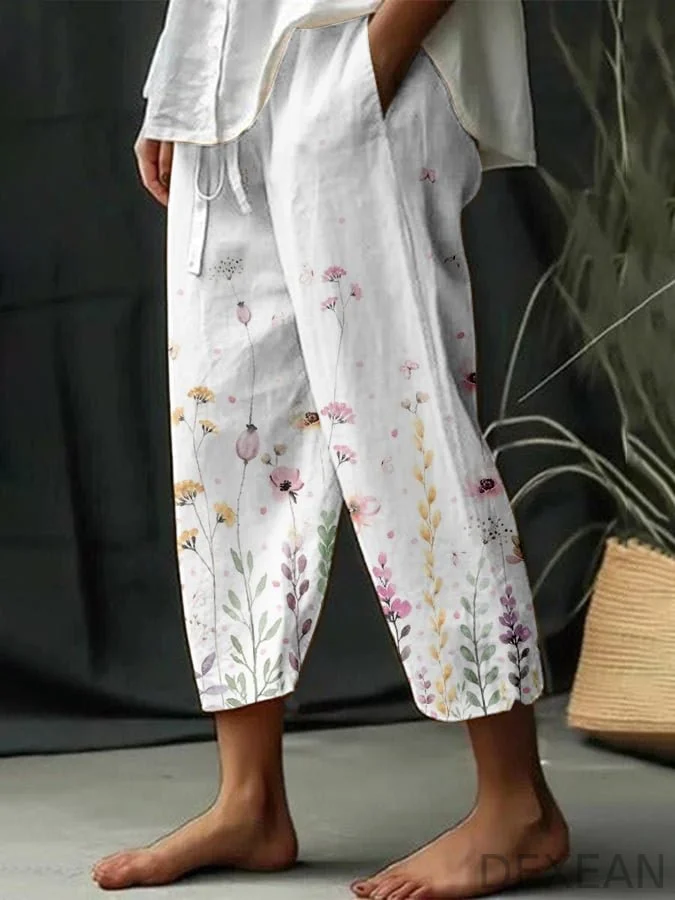 Women's Botanical Floral Design Print Lace-Up With Elastic Waist Loose Casual Pants