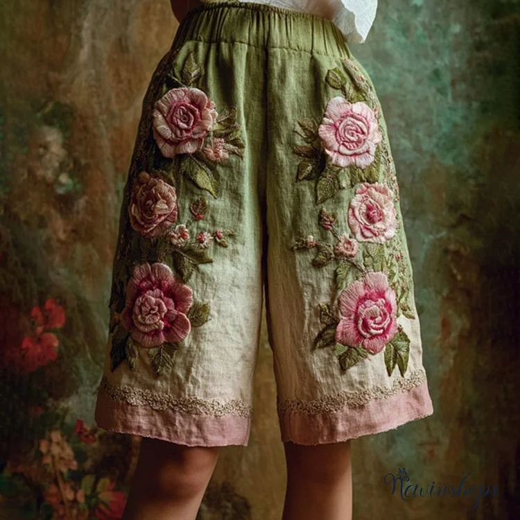 Women's Rose Floral Gradient Waist Elastic Pocket Shorts