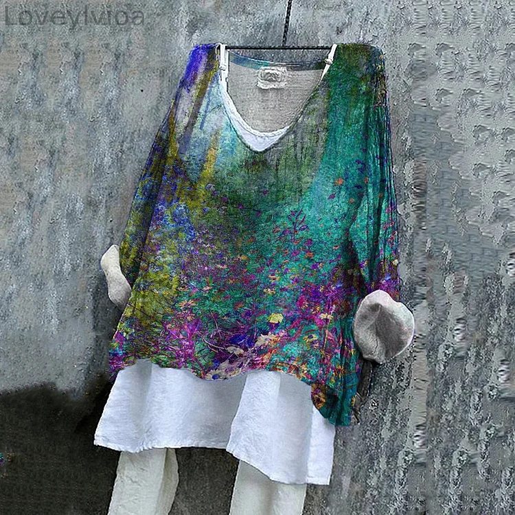 Abstract Floral Print V-Neck Casual Blouse