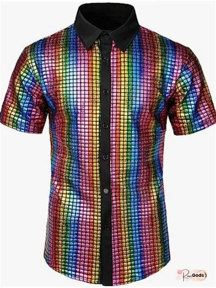 Men's Fashion Hot Gold Shirt Short-sleeved Lapel Color Loose Casual Shirt Plaid Shirt