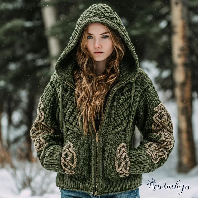 Viking Style Celtic Knot Art Hooded Cardigan Sweater