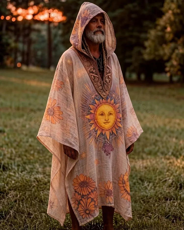 Men's Summer Fashion Hippie Star and Moon Embroidered Linen Hooded Kaftan 6762