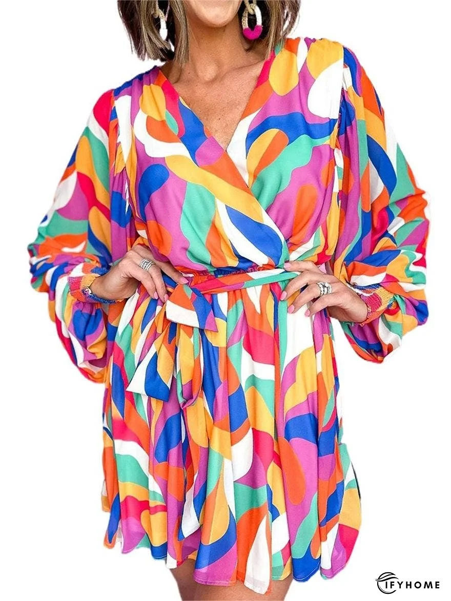 Abstract Printed Belted Puff Sleeve Mini Dress | IFYHOME