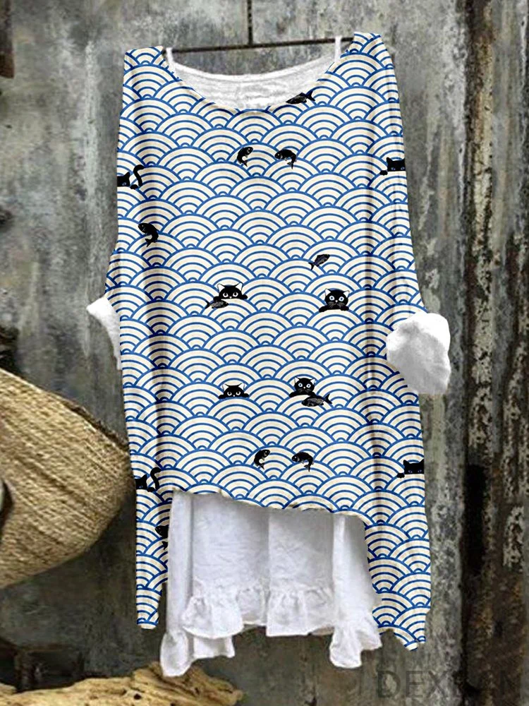 Japanese Ocean Waves & Cats Art Linen Blend Tunic