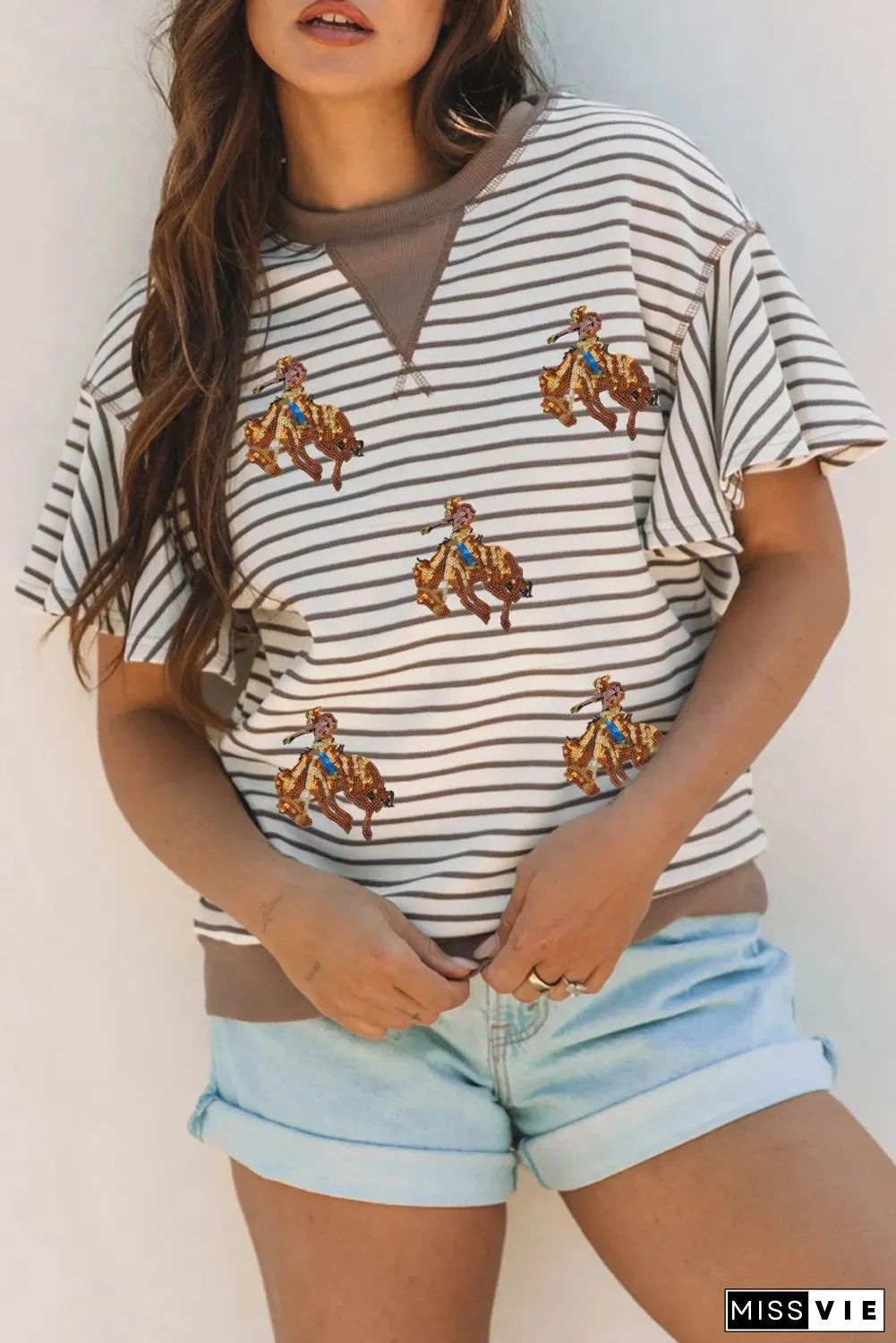 Sequin Rodeo Patch Pattern Striped Ruffled Sleeve Summer Top