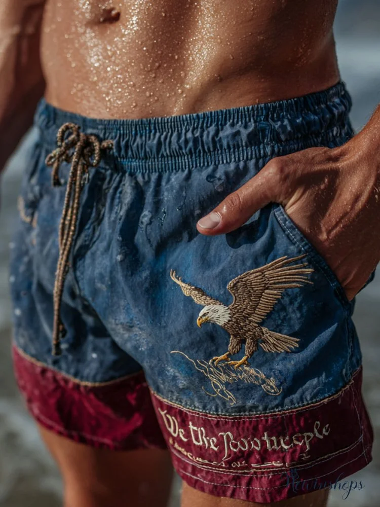 Men's Vintage We The People Bald Eagle Embroidered Linen Shorts