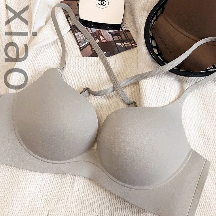 Bras-Non-marking beauty back gathering glossy bra soft steel ring on thin under thick underwear comfortable soft lingerie-Bras