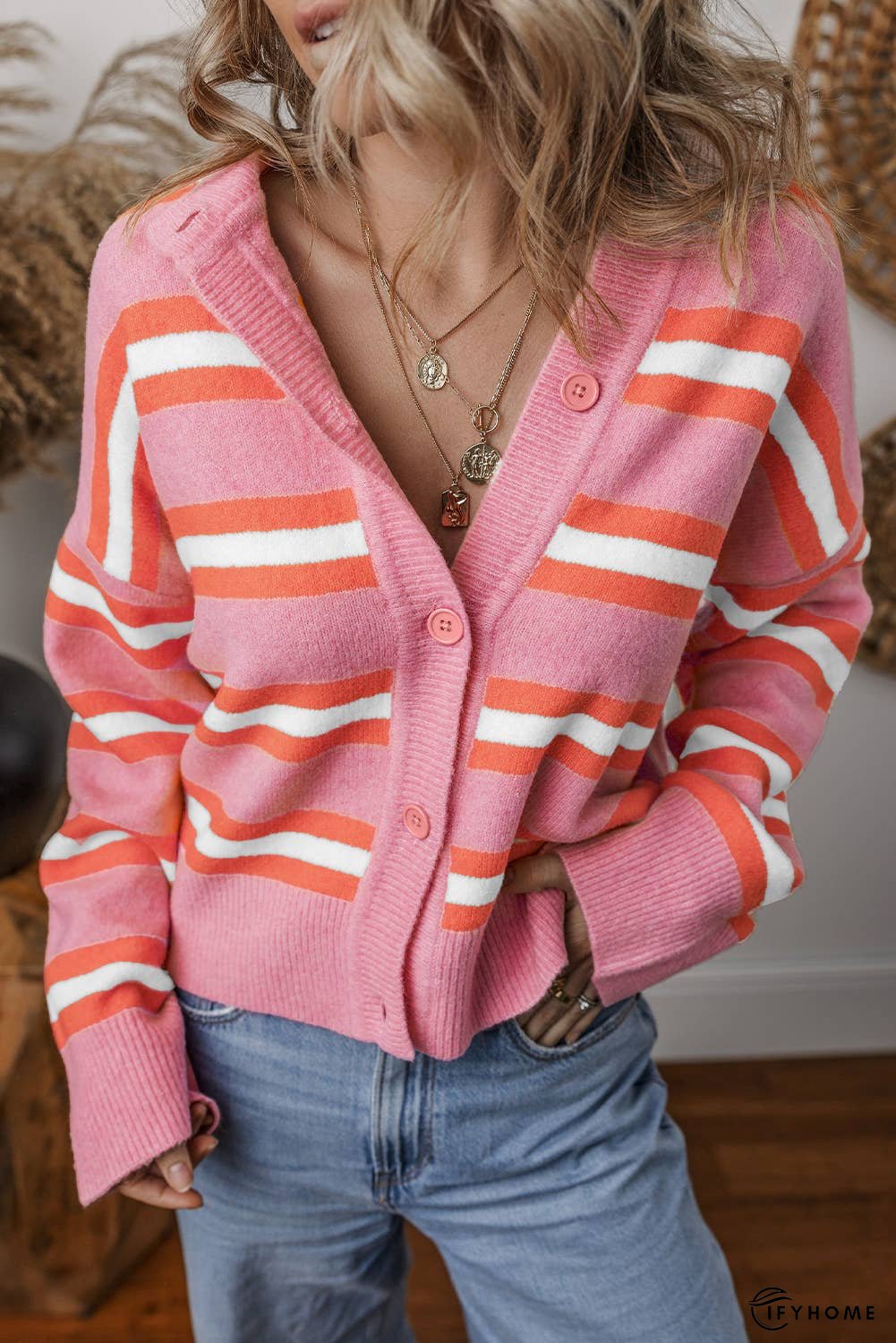 Stripe Drop Shoulder Buttons Cardigan Sweater | IFYHOME