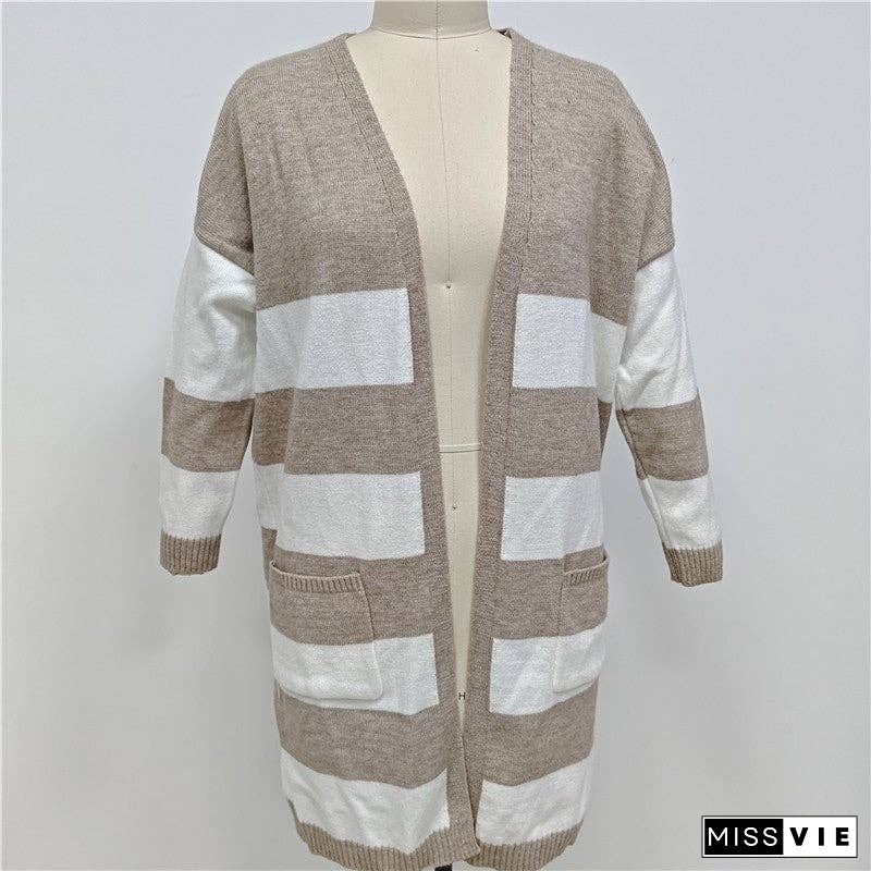 Loose-Fitting Color Block Long Knit Cardigan Sweater