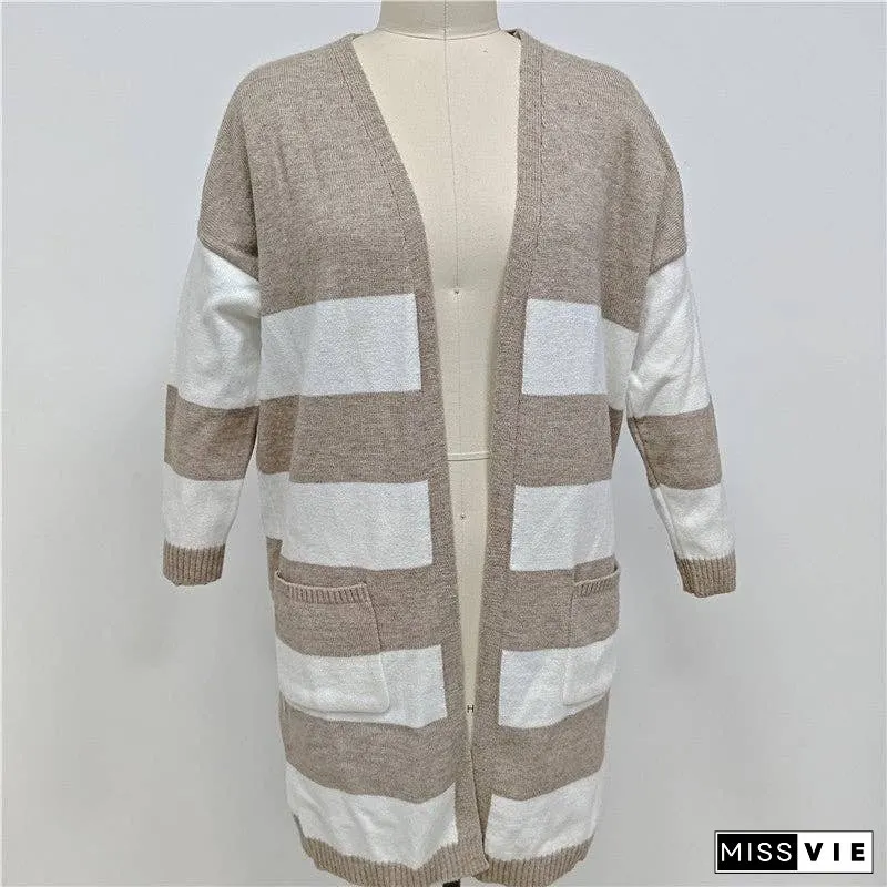 Loose-Fitting Color Block Long Knit Cardigan Sweater