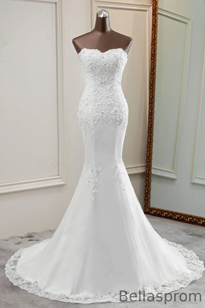Bellasprom Beautiful Strapless Lace Appliques Long Mermaid Wedding Gown With Beadings Bellasprom