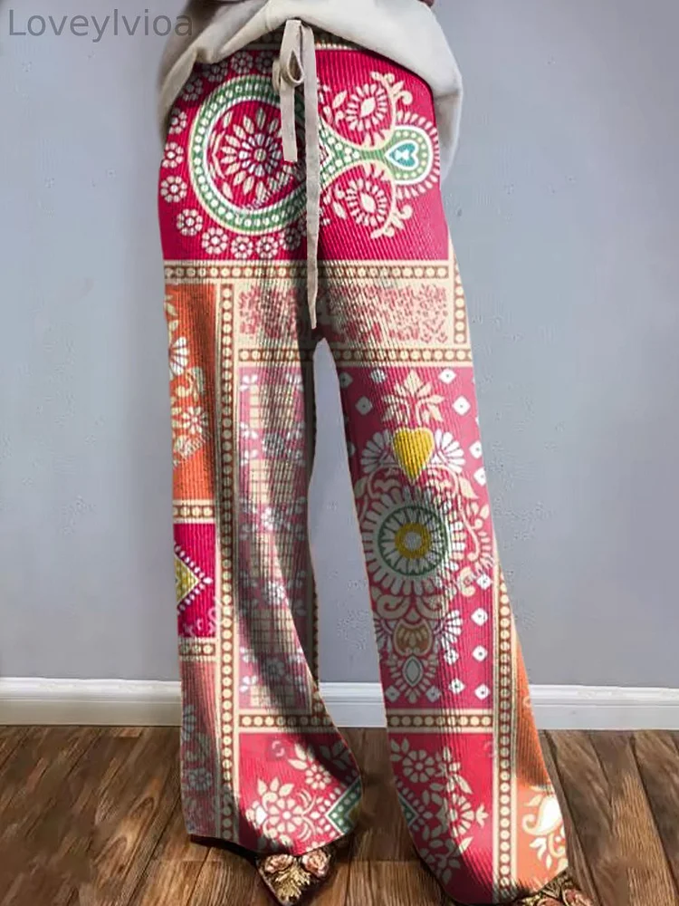 Women's Bright Floral Patchwork Art Print Comfortable Knit Trousers