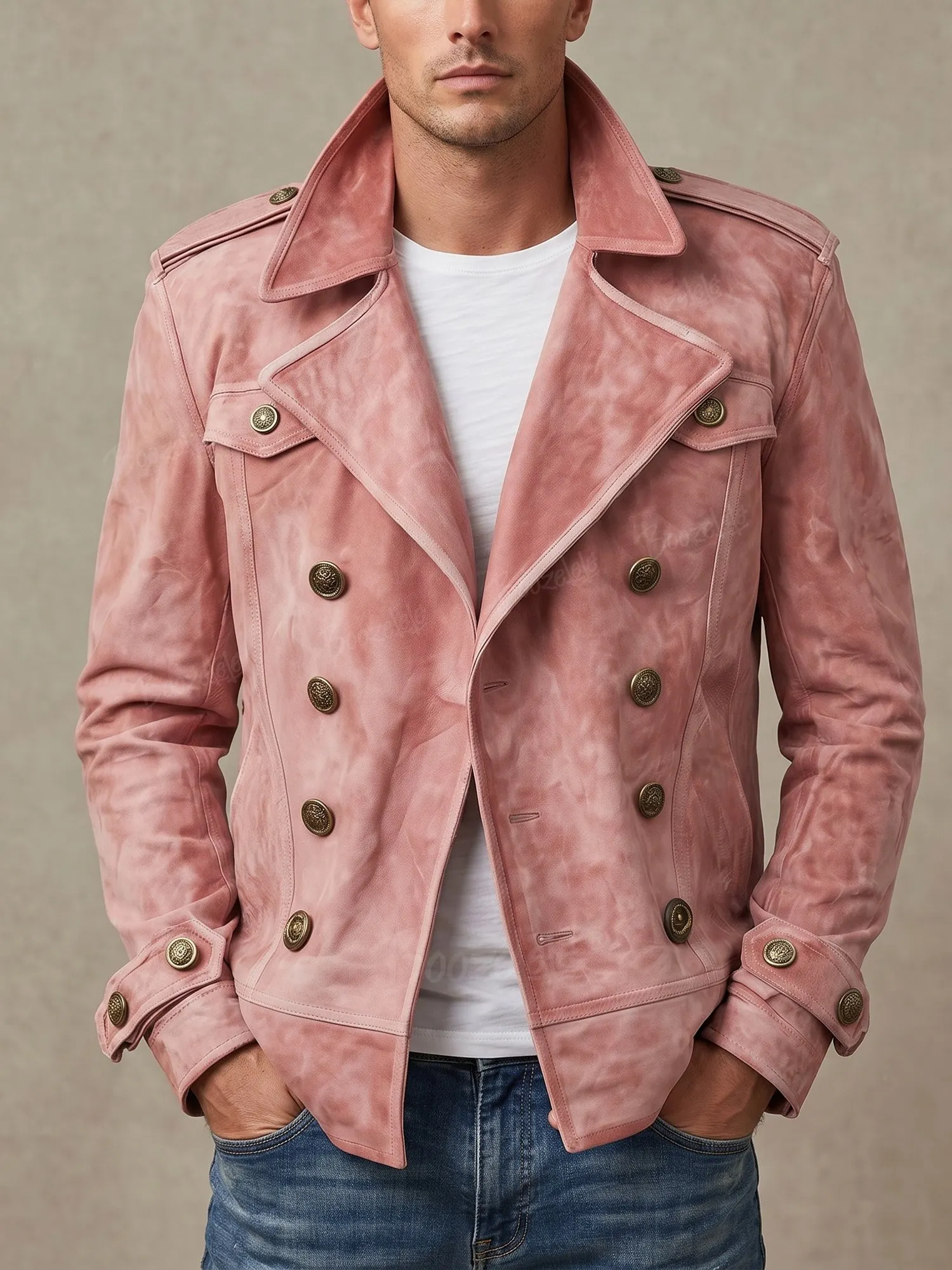 Western Style &mdash; Double-Breasted Retro-Style Jacket With A Large Lapel And Heavy-Duty Faux Suede Fabric.