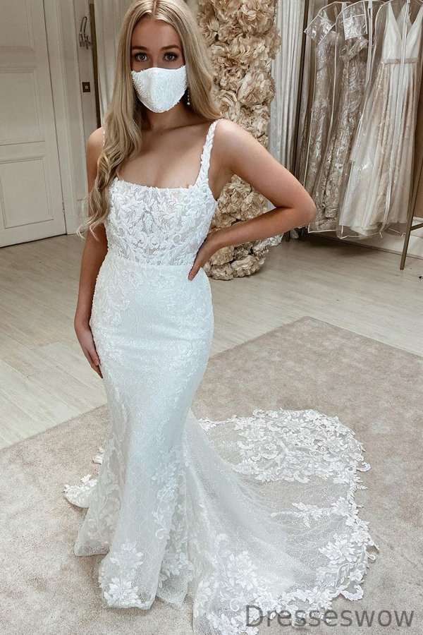 Dresseswow Sleeveless Scoop Mermaid Wedding Dress With Tulle Appliques