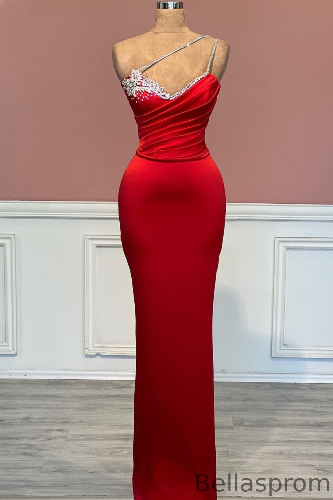 Bellasprom Red One Shoulder Prom Dresses Mermaid Sleeveless With Beads Bellasprom