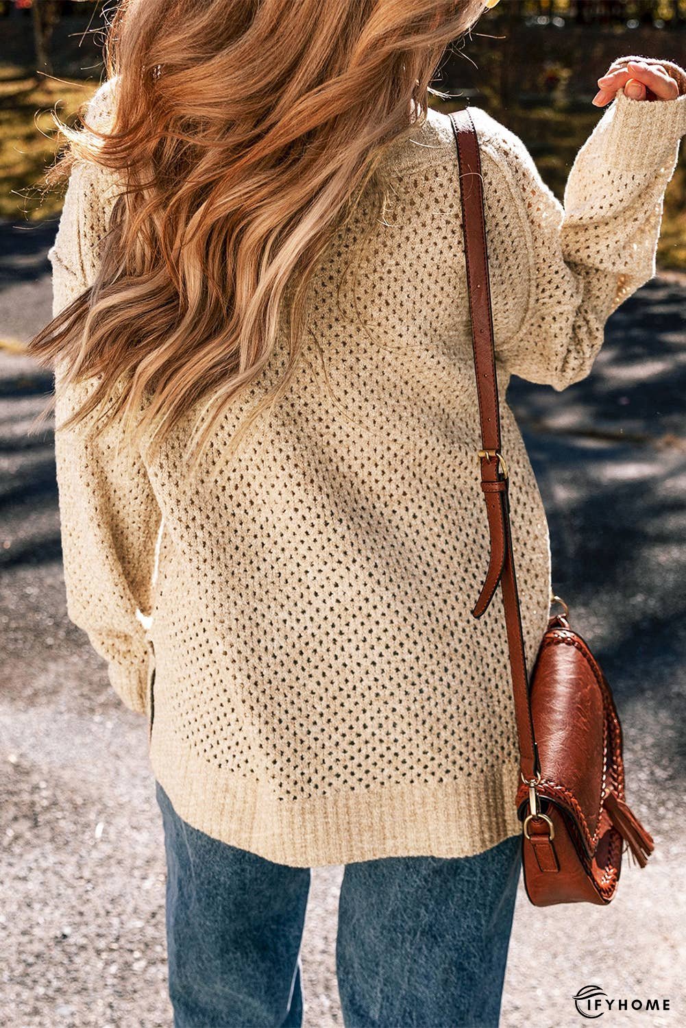 Loose Eyelet V Neck Drop Shoulder Sweater | IFYHOME
