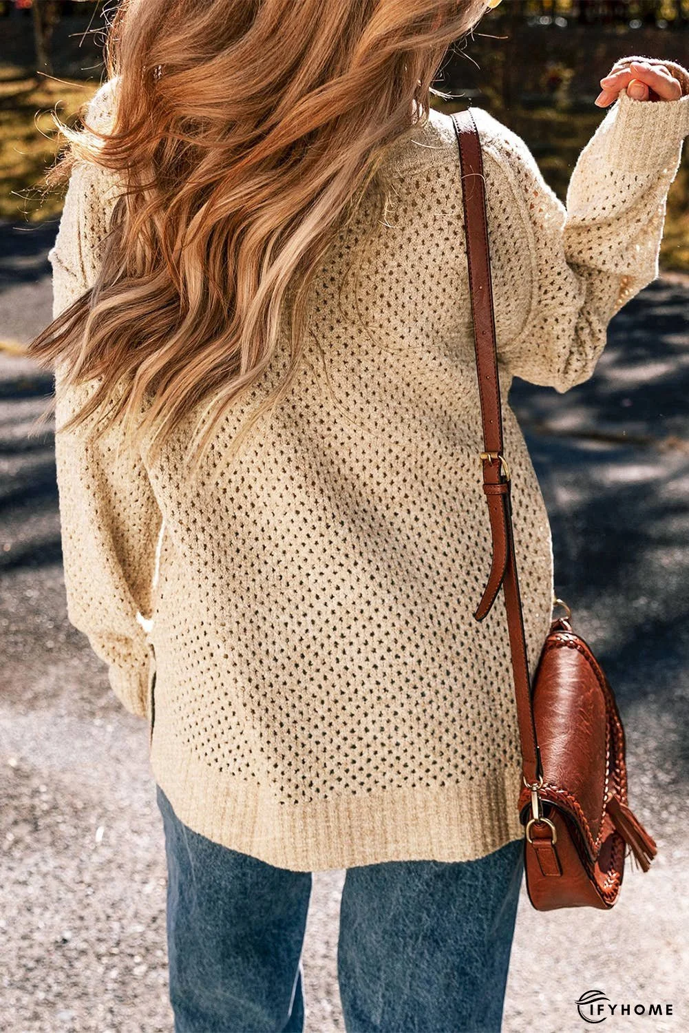 Loose Eyelet V Neck Drop Shoulder Sweater | IFYHOME
