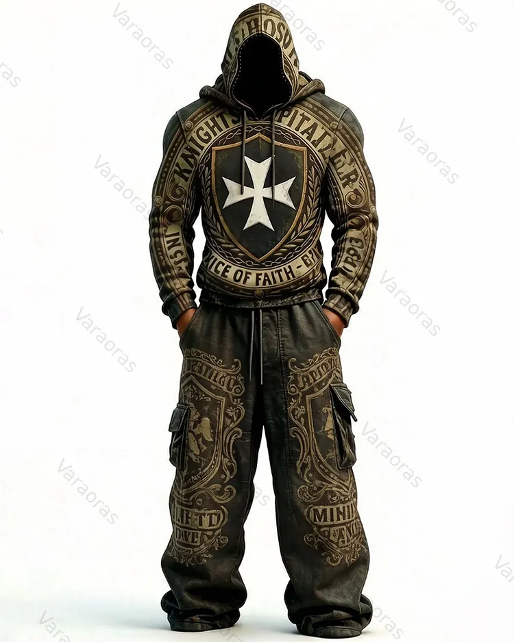 Men's Color-Blocked Cultural Cross Embroidered Distressed Hoodie and Pants Two-Piece Set 6403