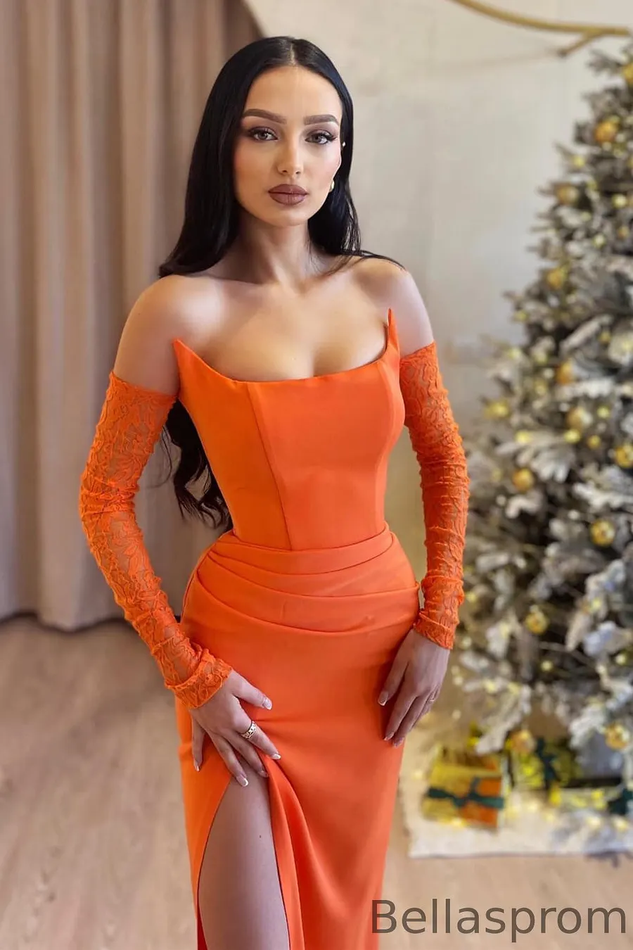 orange strapless prom dress Bellasprom Orange Slit Prom Dress Strapless With Beads Same as Picture-US2