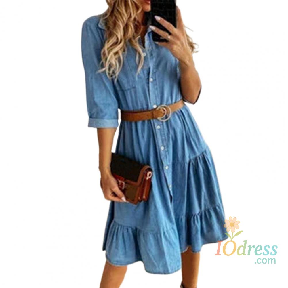 IO Dress Denim Dress Three Quarter Sleeve with Belt Turn-down Collar Spring Autumn Buttons Ruffle Jeans Dresses for women 2025