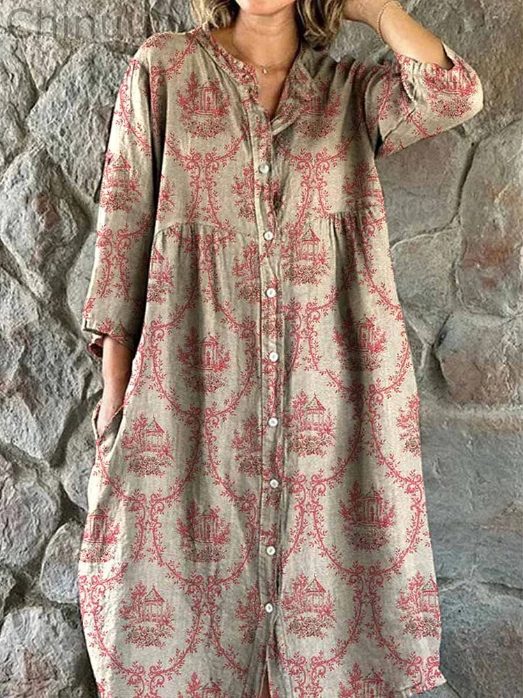 Women's Elegant Simple Floral Pattern Shirt Cotton and Linen Dress with Pockets