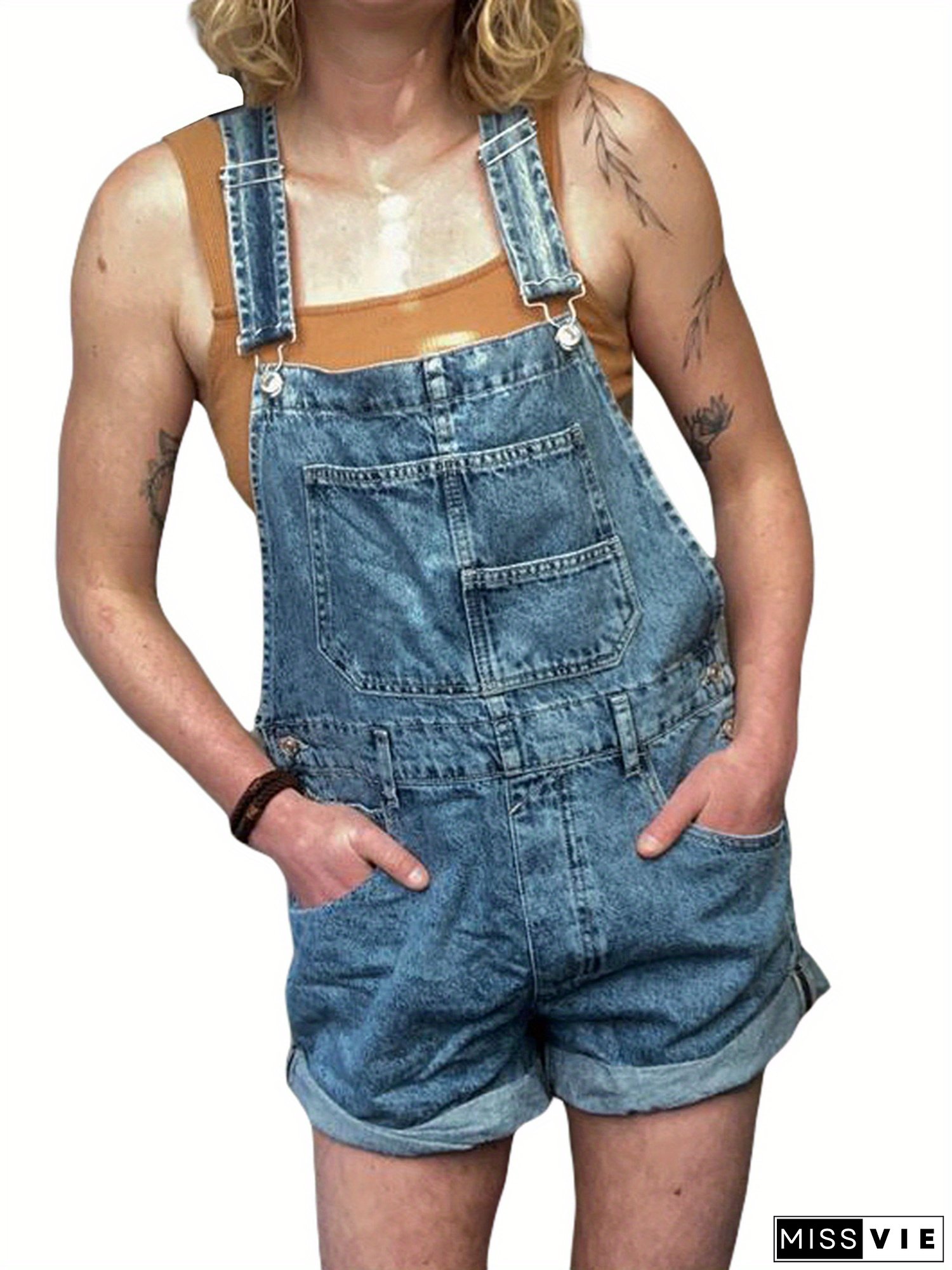 Women Denim Bib Overalls Adjustable Straps Pocket Romper Shorts Casual Rolled Cuff Shortalls