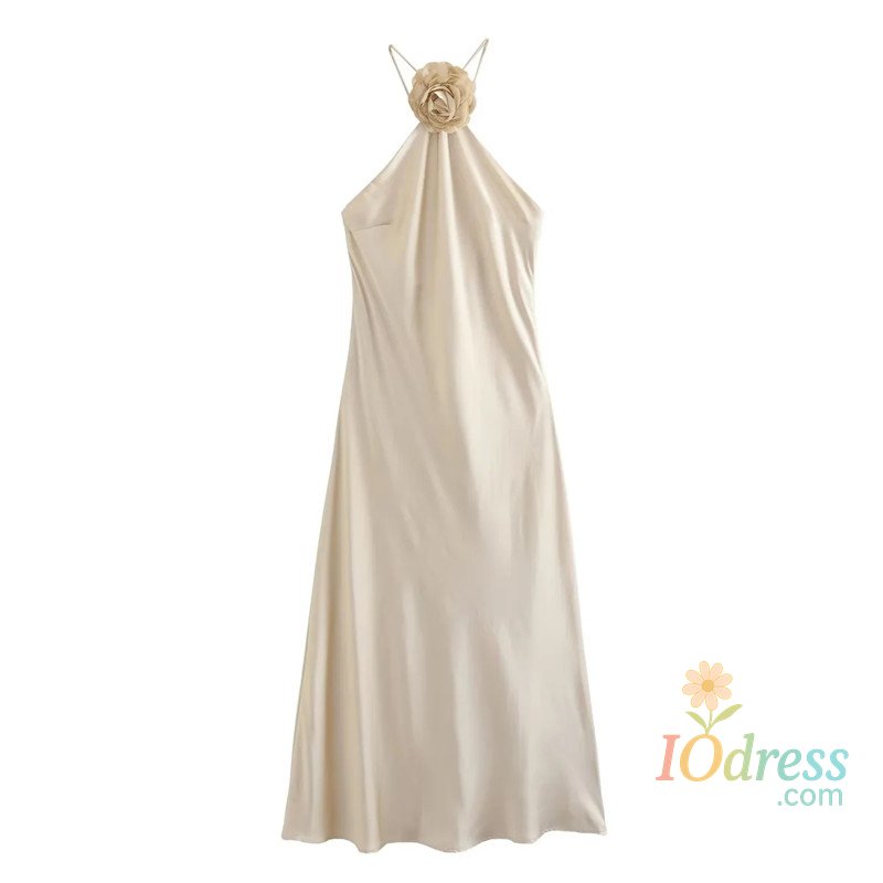 IO Dress MUJER Flower Halter Dress Woman Off Shoulder Satin Long Dress Women Backless Sexy Evening Dresses Summer Party Dresses For Women IO Dress