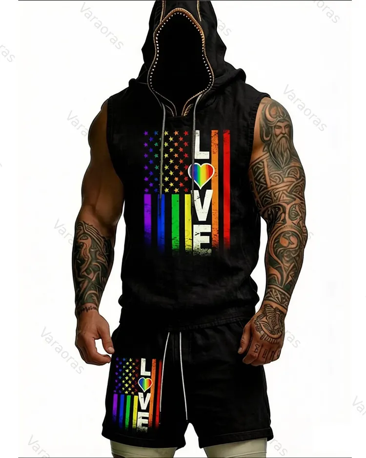 Men's Summer Fashion Pride Month Themed Linen Hoodie & Pants Two-Piece Set 1576