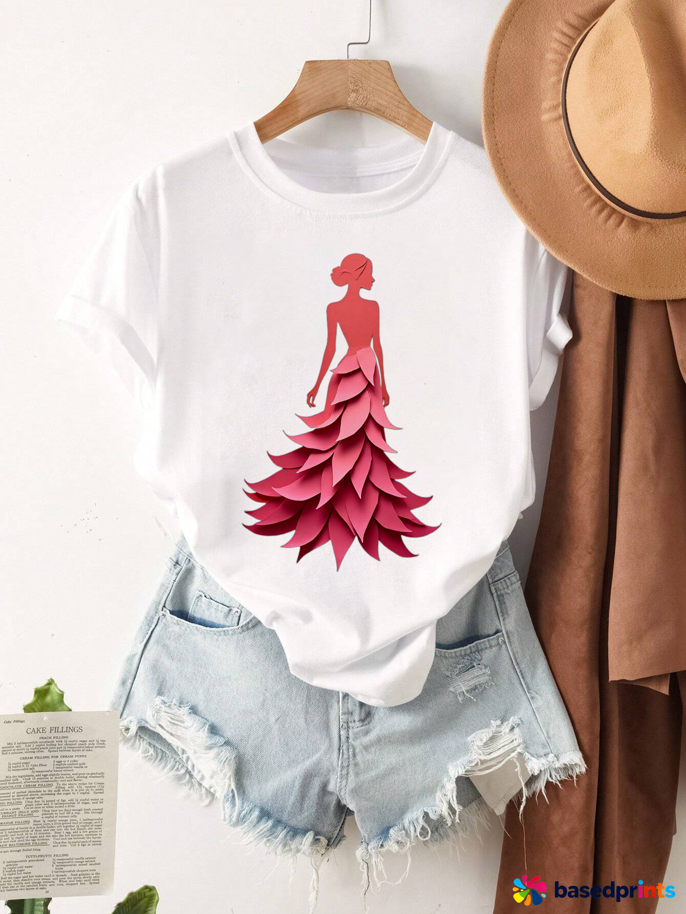White T-Shirt with Red Dress Print