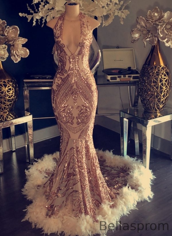 Bellasprom Rose Pink Sequins Prom Dress Mermaid With Feather Sleeveless Bellasprom